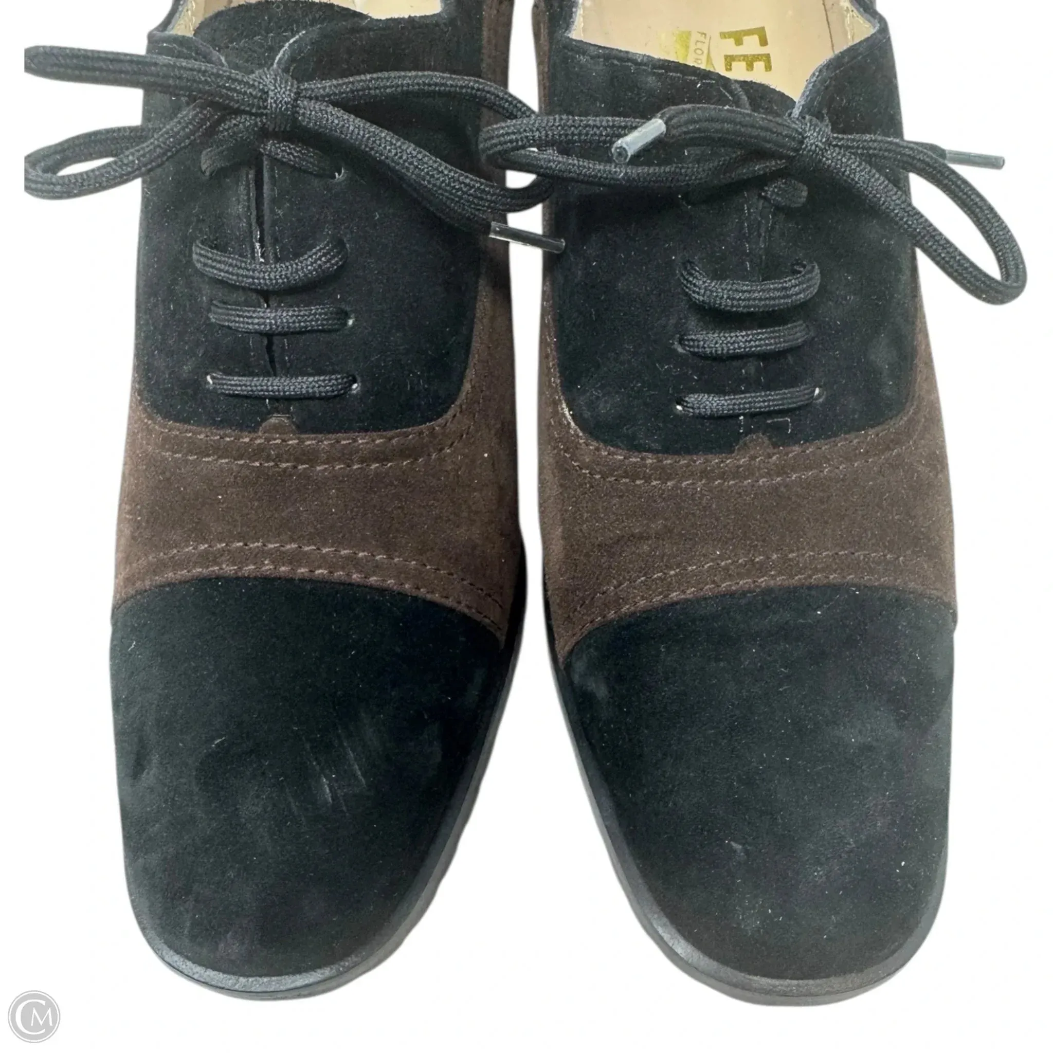Arca Suede Lace Up Heeled Oxfords Designer By Ferragamo In Black & Brown, Size: 8.5