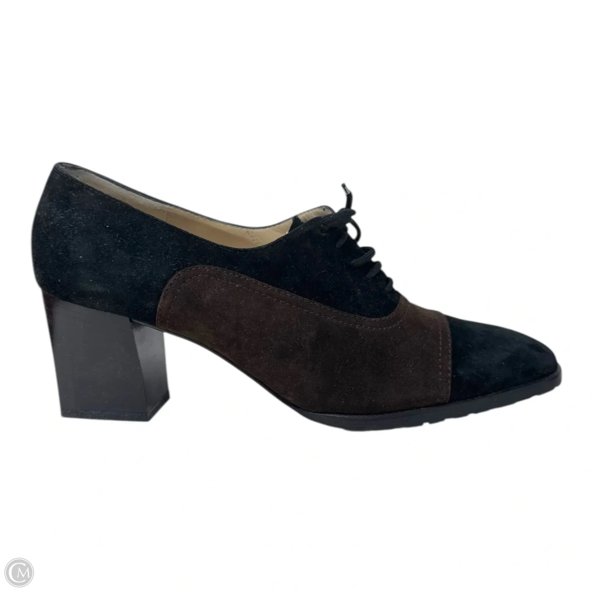 Arca Suede Lace Up Heeled Oxfords Designer By Ferragamo In Black & Brown, Size: 8.5