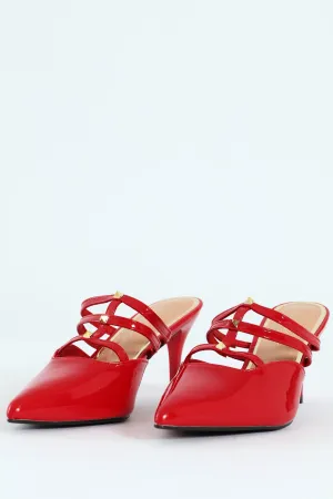Multi Strap Pointy Mule Heel - Red