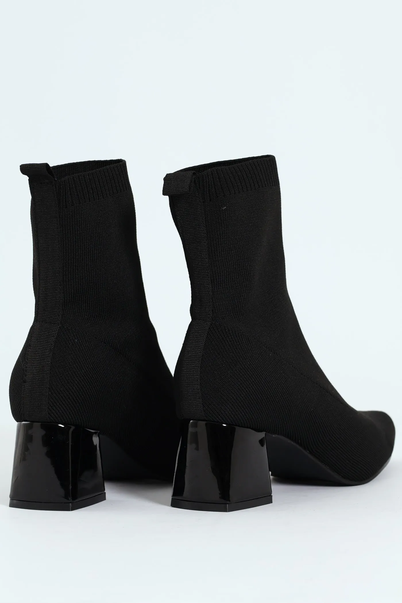 Pointed Block Heel Sock Ankle Boot - Black