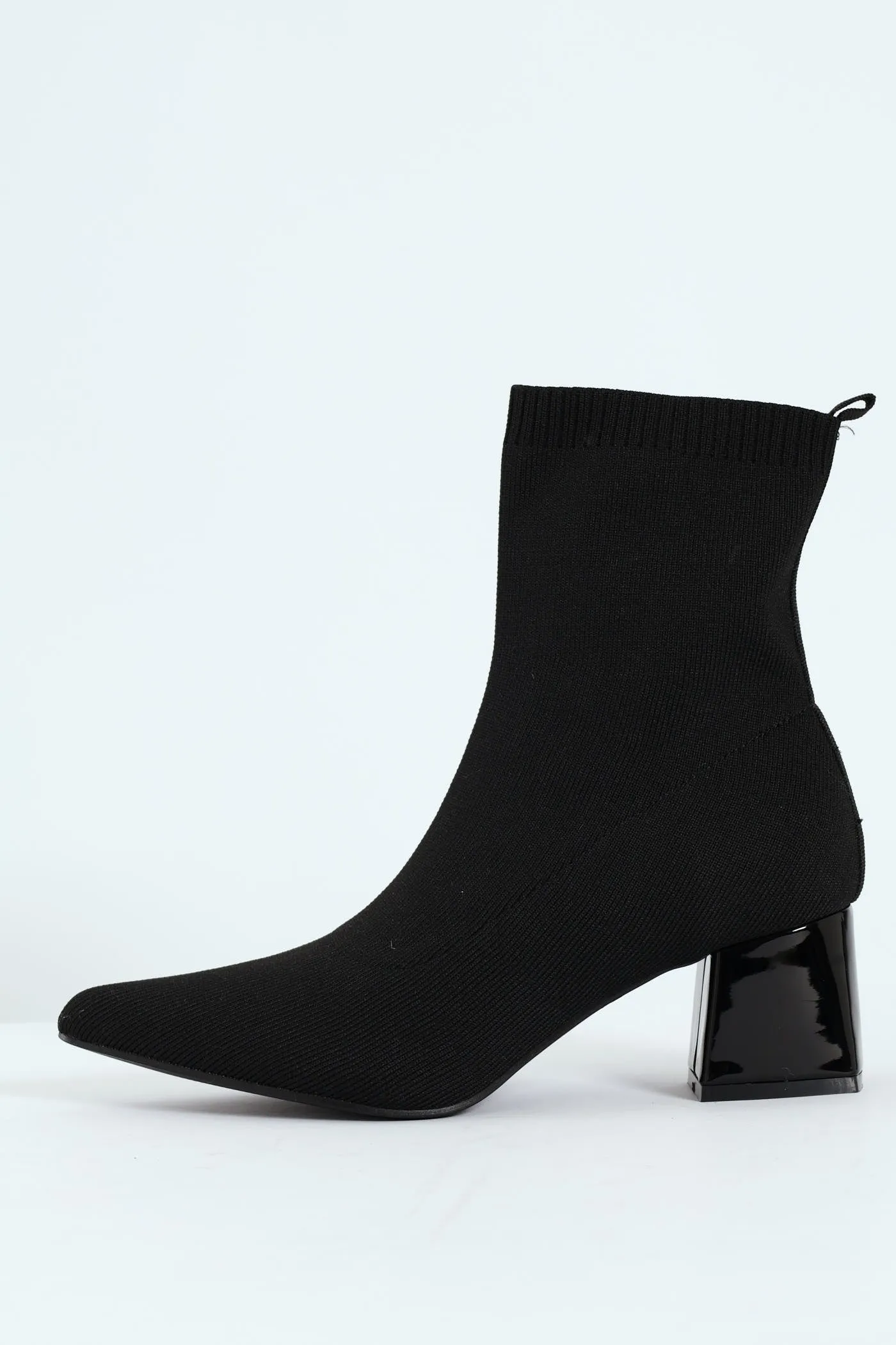 Pointed Block Heel Sock Ankle Boot - Black