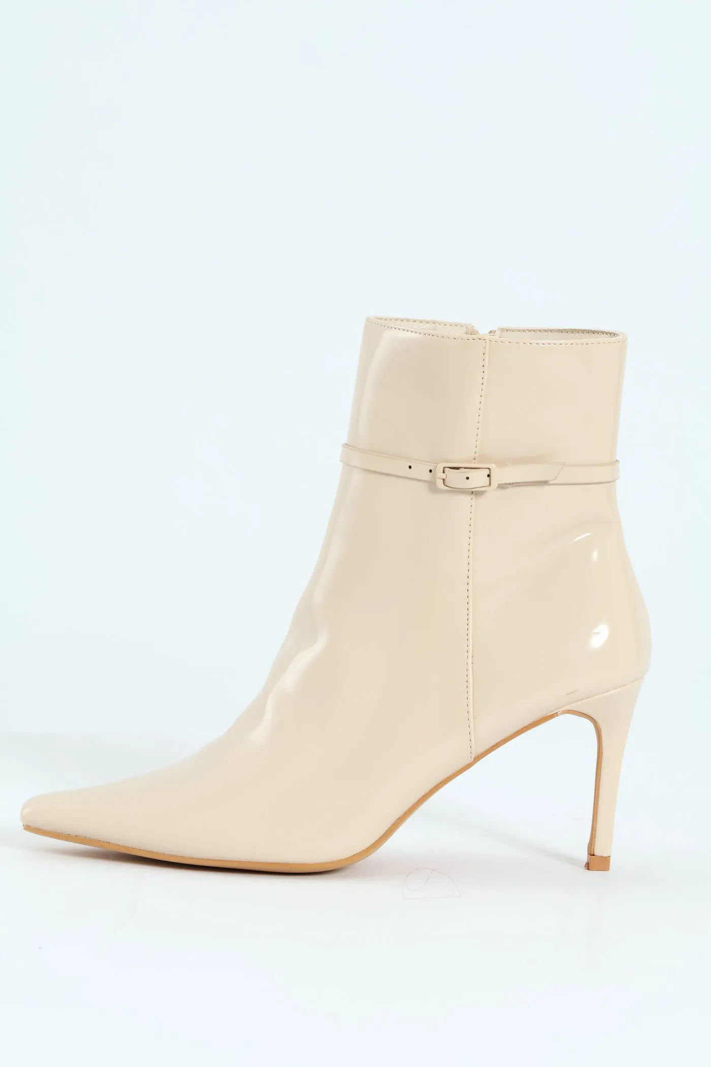 Pointed Self Colour Strap Ankle Boot - Beige