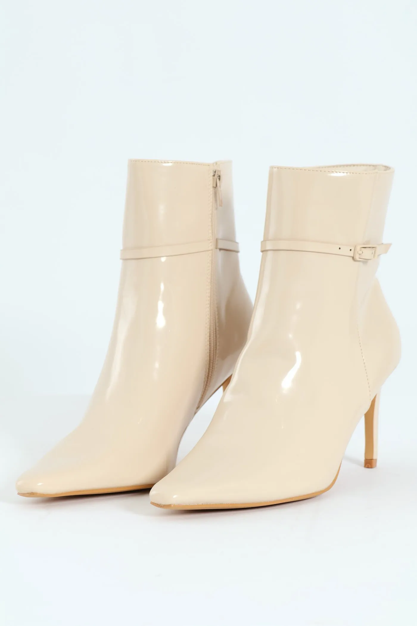 Pointed Self Colour Strap Ankle Boot - Beige