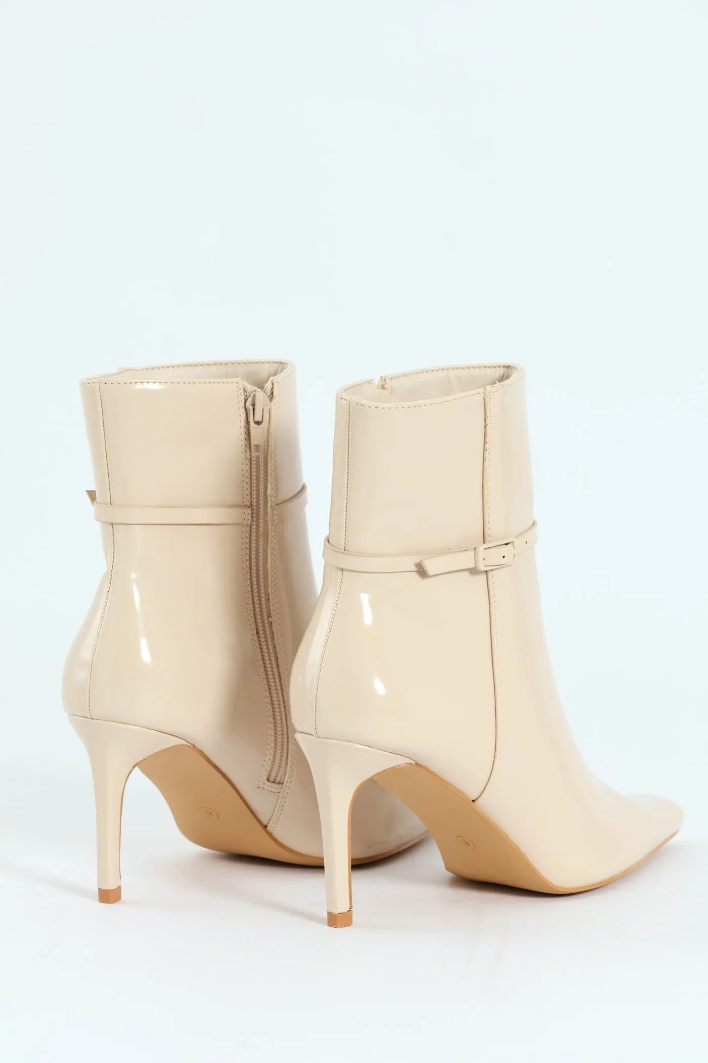Pointed Self Colour Strap Ankle Boot - Beige