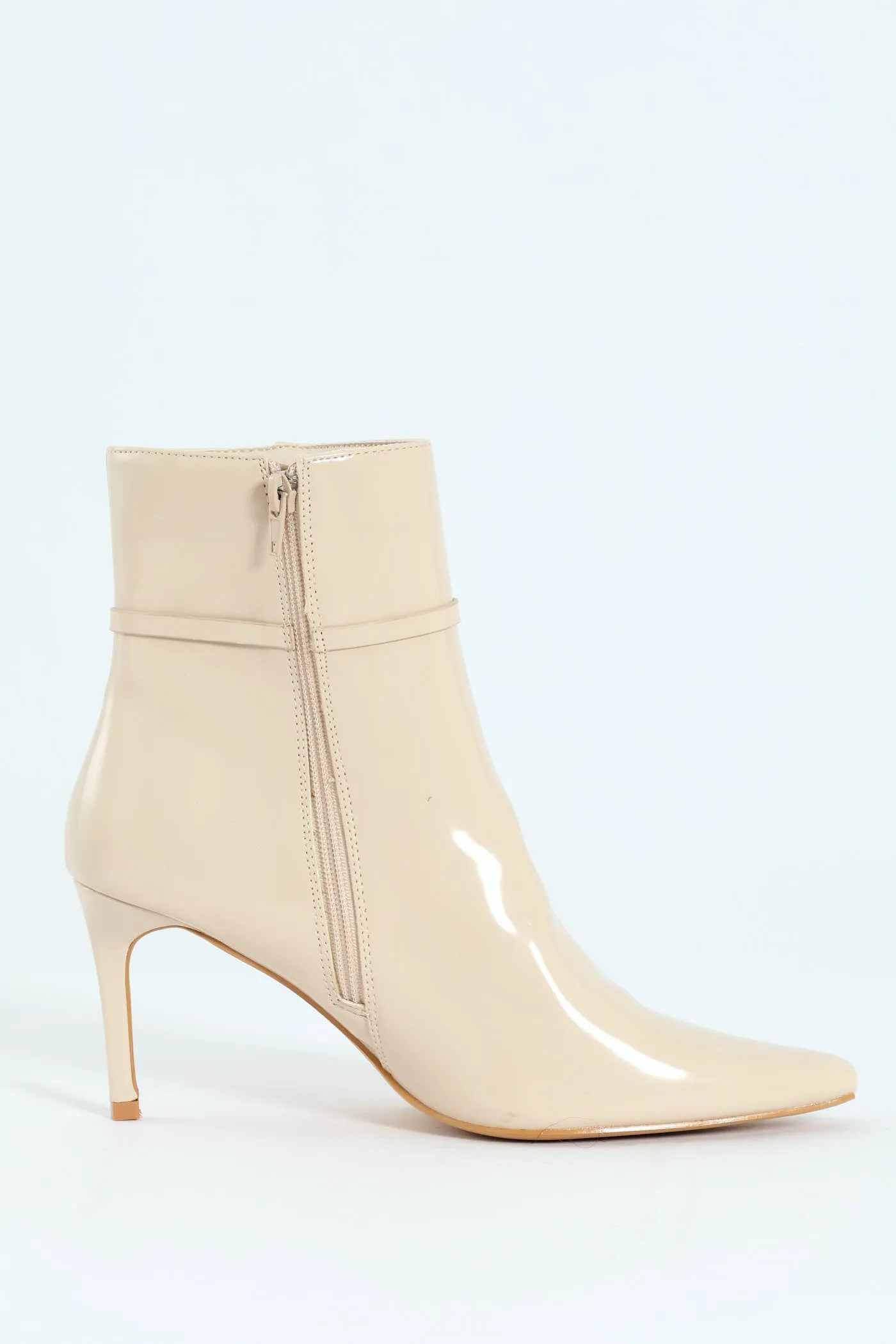 Pointed Self Colour Strap Ankle Boot - Beige