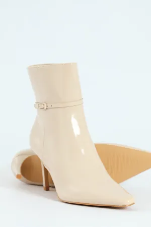 Pointed Self Colour Strap Ankle Boot - Beige