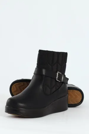 Yasmeen Quilted Buckle Wedge Ankle Boot - Black