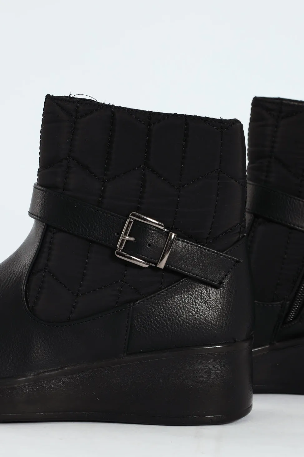 Yasmeen Quilted Buckle Wedge Ankle Boot - Black