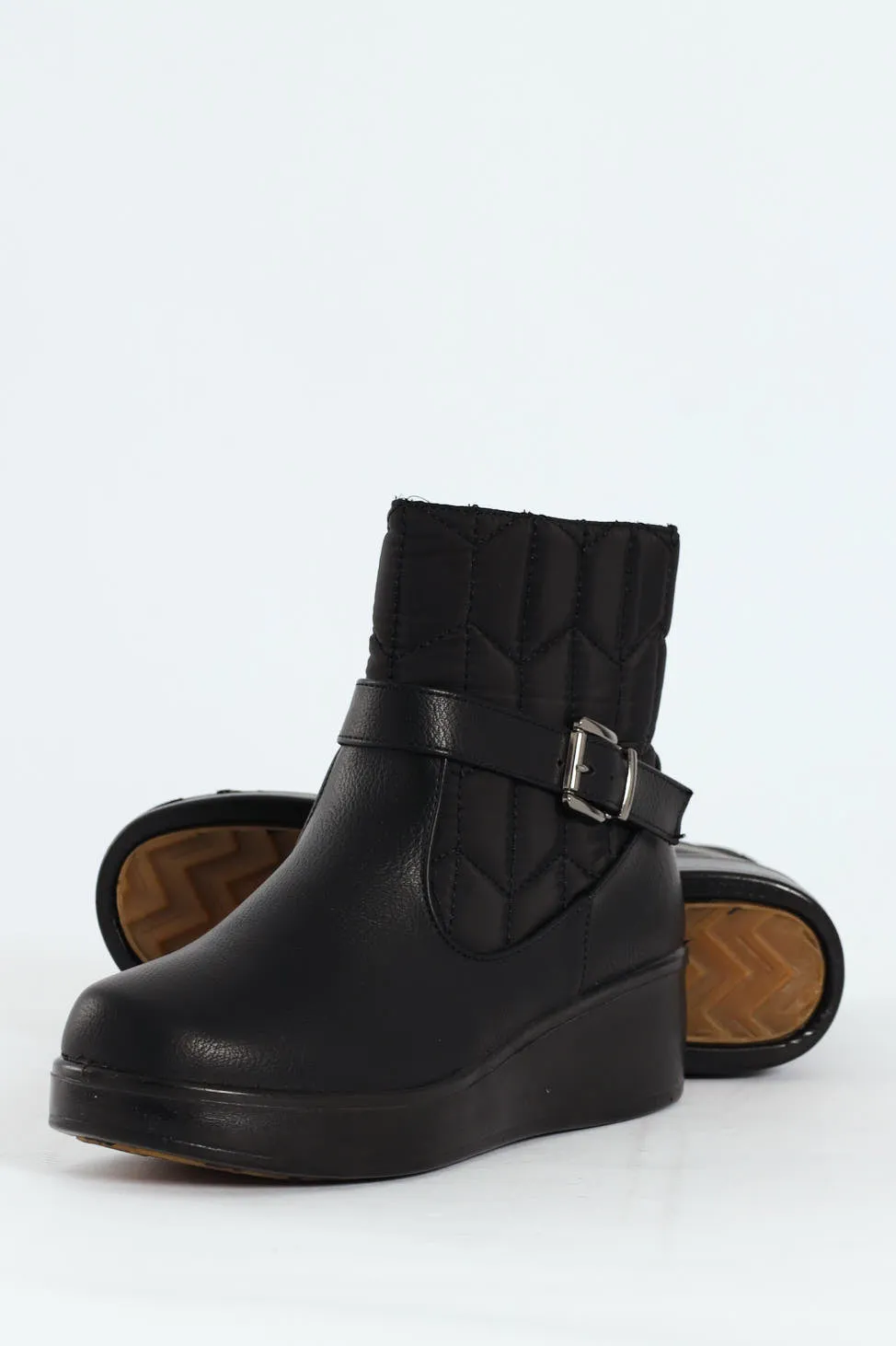 Yasmeen Quilted Buckle Wedge Ankle Boot - Black