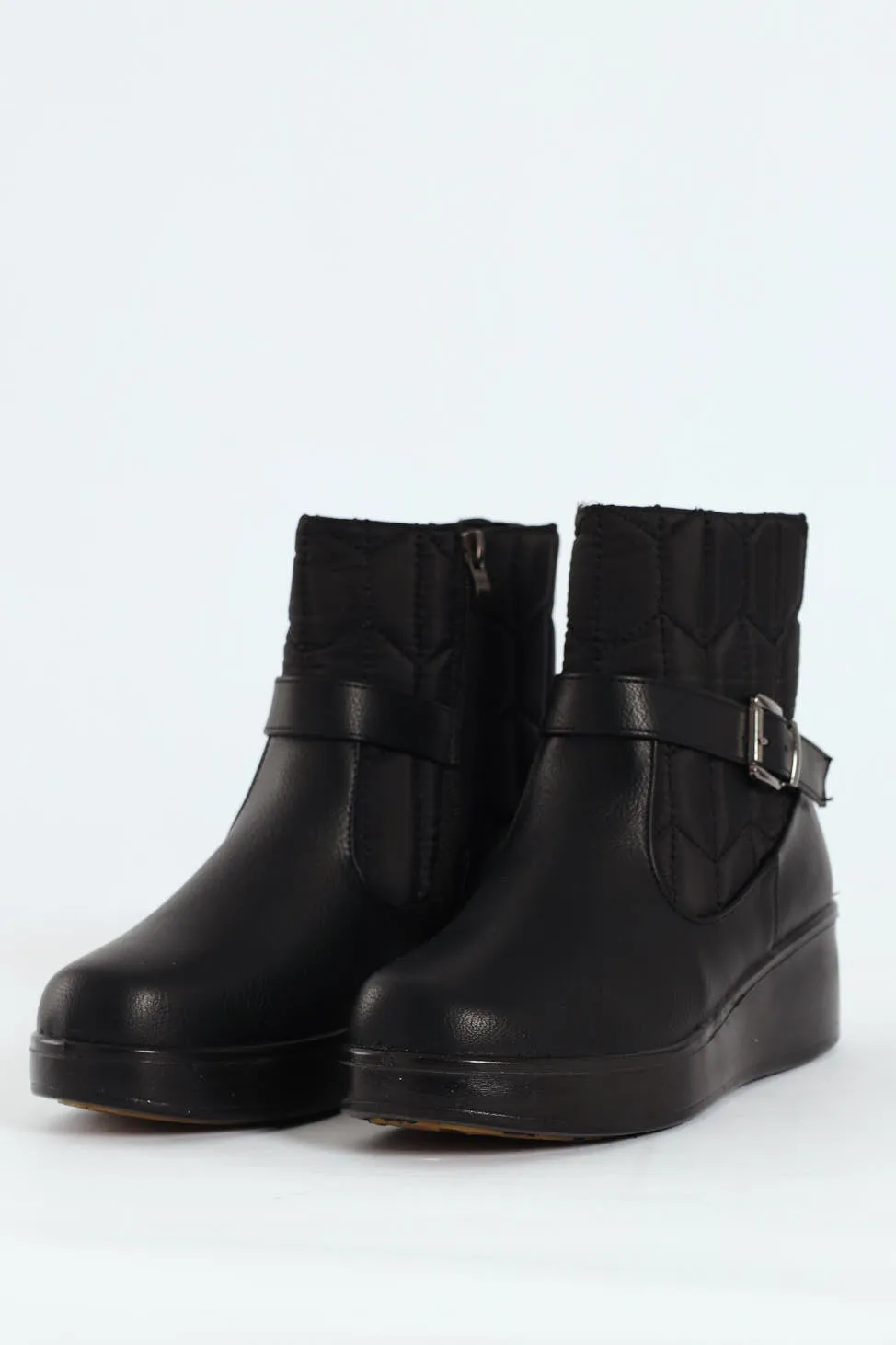 Yasmeen Quilted Buckle Wedge Ankle Boot - Black